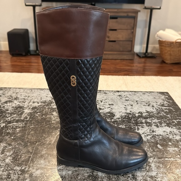 Cole Haan Black/Brown Quilted Leather Riding Boots Size 7 - Picture 3 of 8